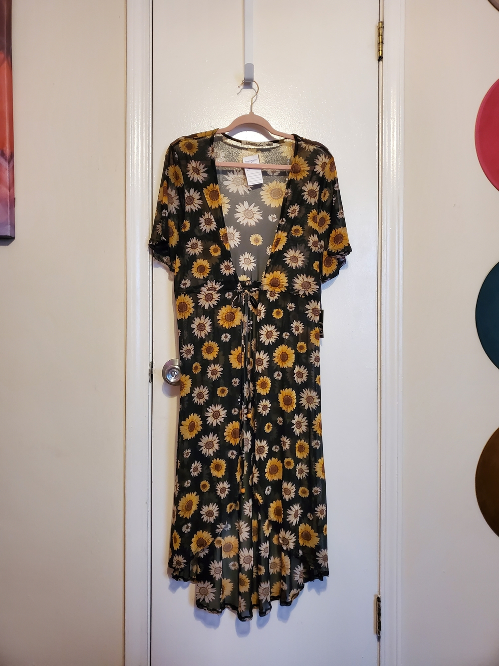 Sunflower Print Tie-Front Kimono - Black & Yellow